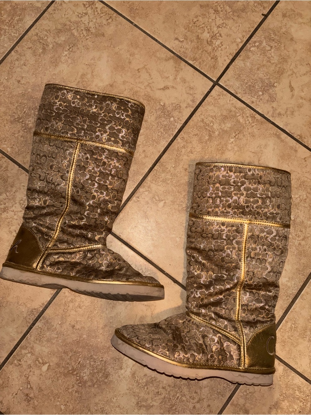 Coach Metallic Gold Patterned Mid-Calf Heeled Boots